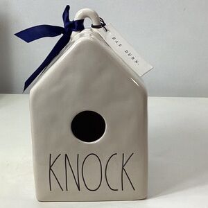 Rae Dunn Cream Ceramic BirdHouse with KNOCK on Fronf